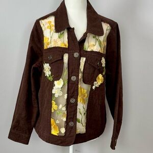 Upcycled Floral Embroidered Brown Linen Distressed Jacket